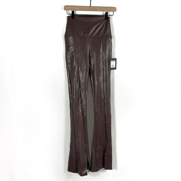 Norma Kamali Spat Legging Faux Leather Pants Chocolate Brown Flare Split Sz XS - Picture 5 of 11